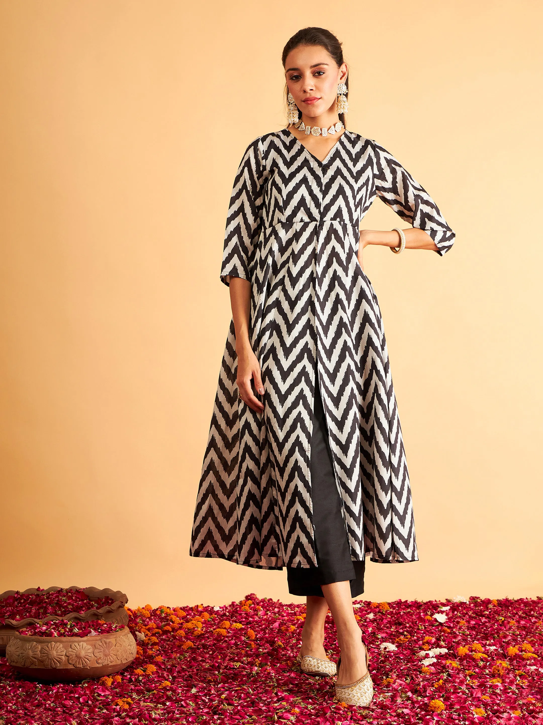 Black Ikat Print Kali Kurta