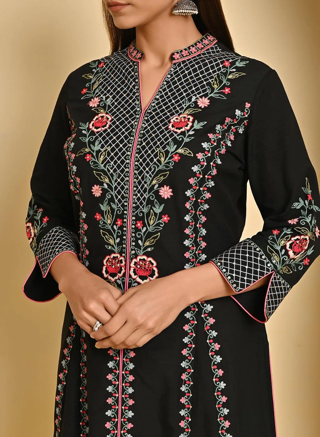 Black Long Kurta with All-over work and Mandarin Collar