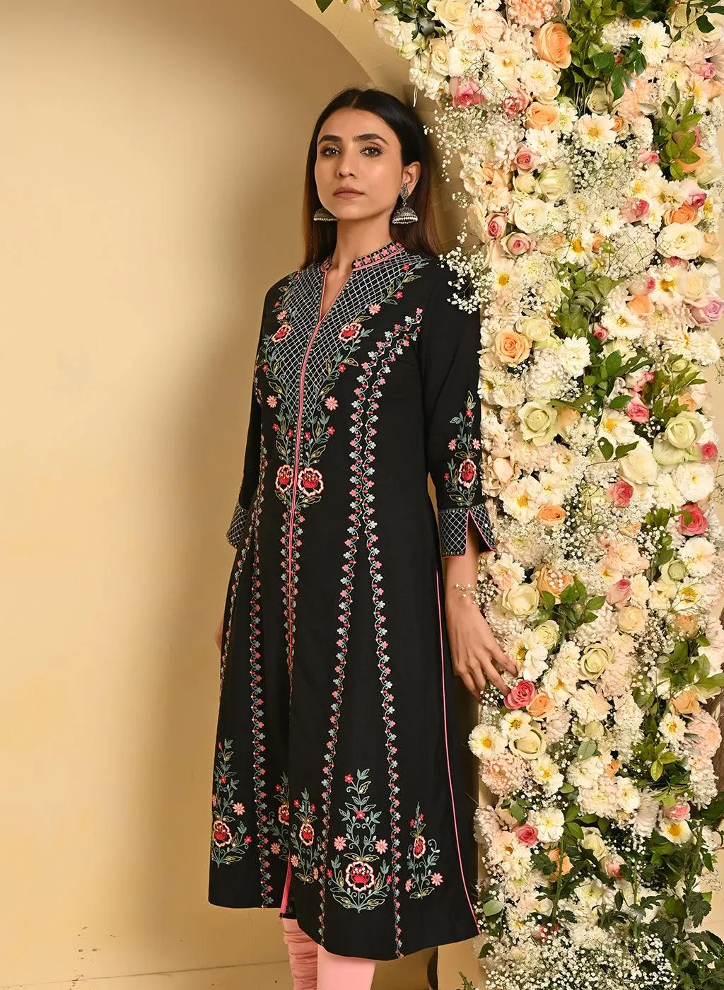 Black Long Kurta with All-over work and Mandarin Collar