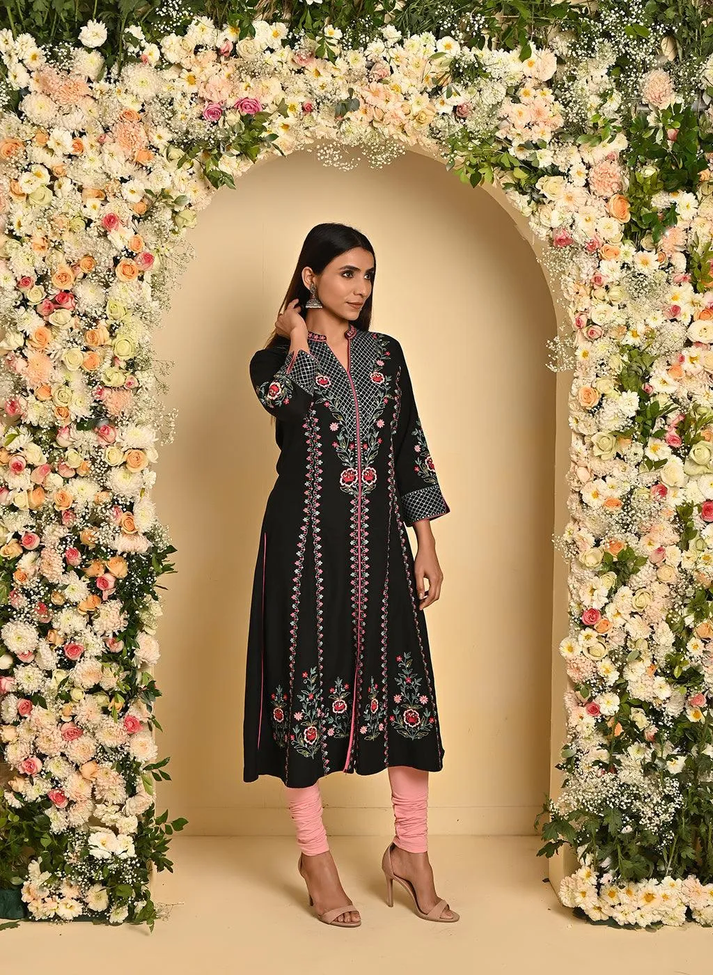 Black Long Kurta with All-over work and Mandarin Collar