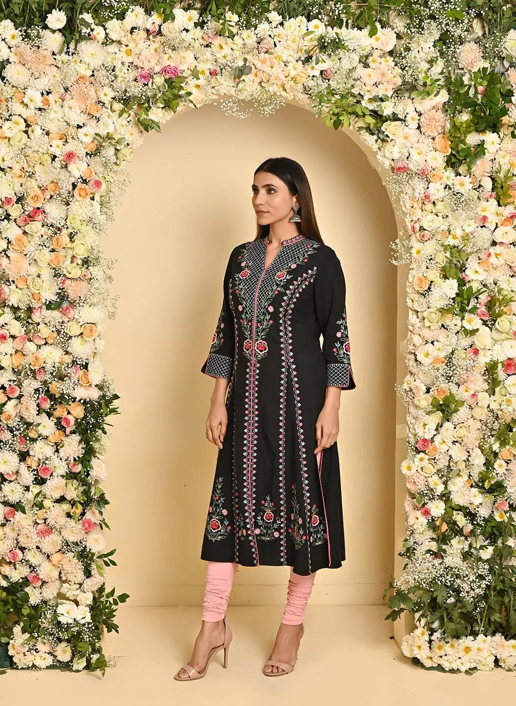 Black Long Kurta with All-over work and Mandarin Collar