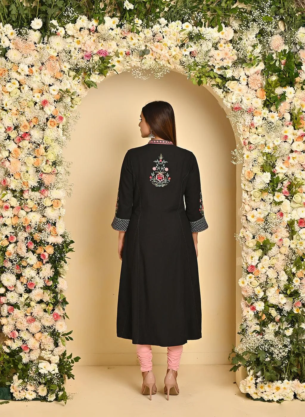 Black Long Kurta with All-over work and Mandarin Collar