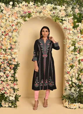 Black Long Kurta with All-over work and Mandarin Collar