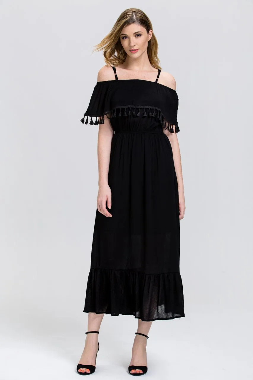 Black Tassel Trim off the Shoulder Summer Maxi Dress