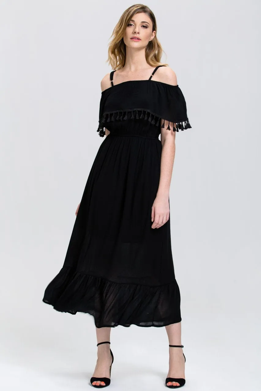 Black Tassel Trim off the Shoulder Summer Maxi Dress