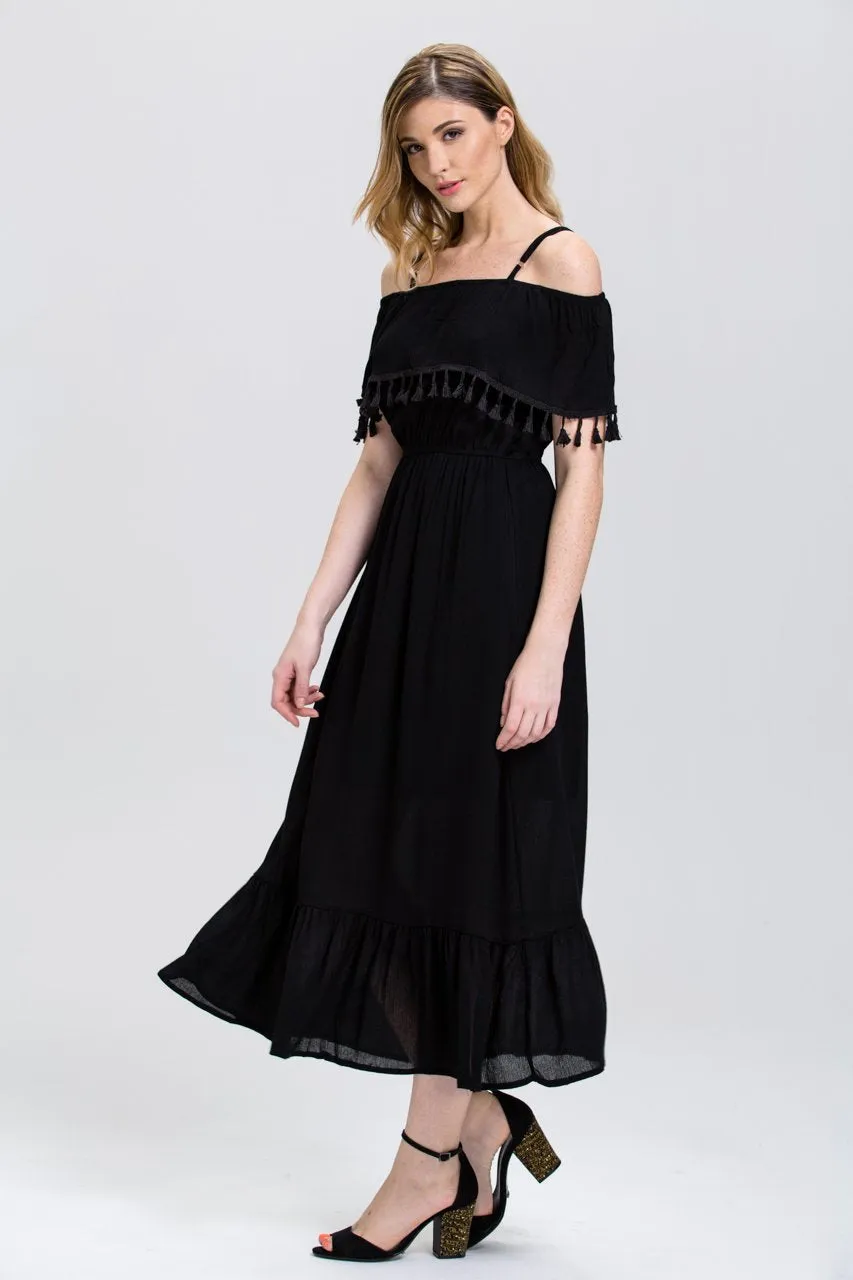 Black Tassel Trim off the Shoulder Summer Maxi Dress