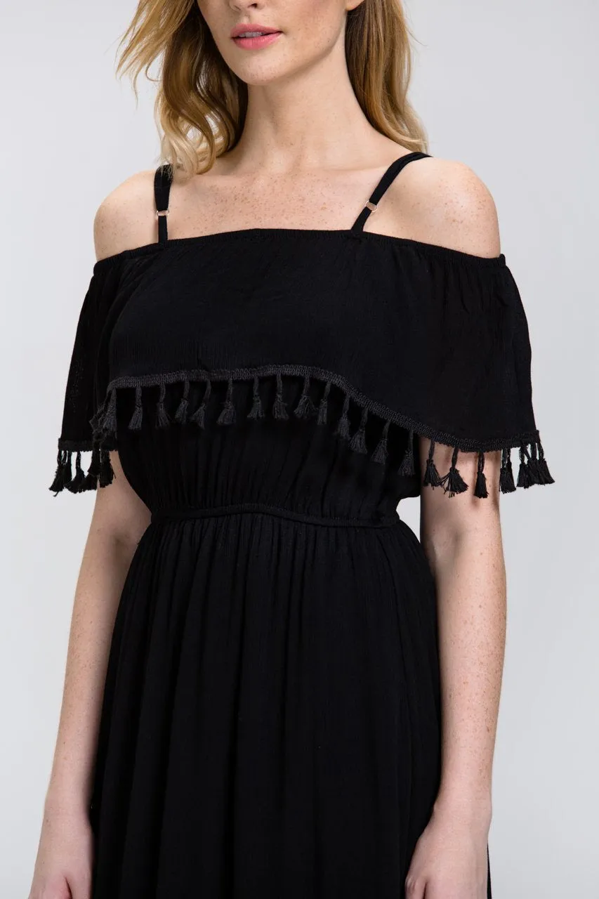 Black Tassel Trim off the Shoulder Summer Maxi Dress