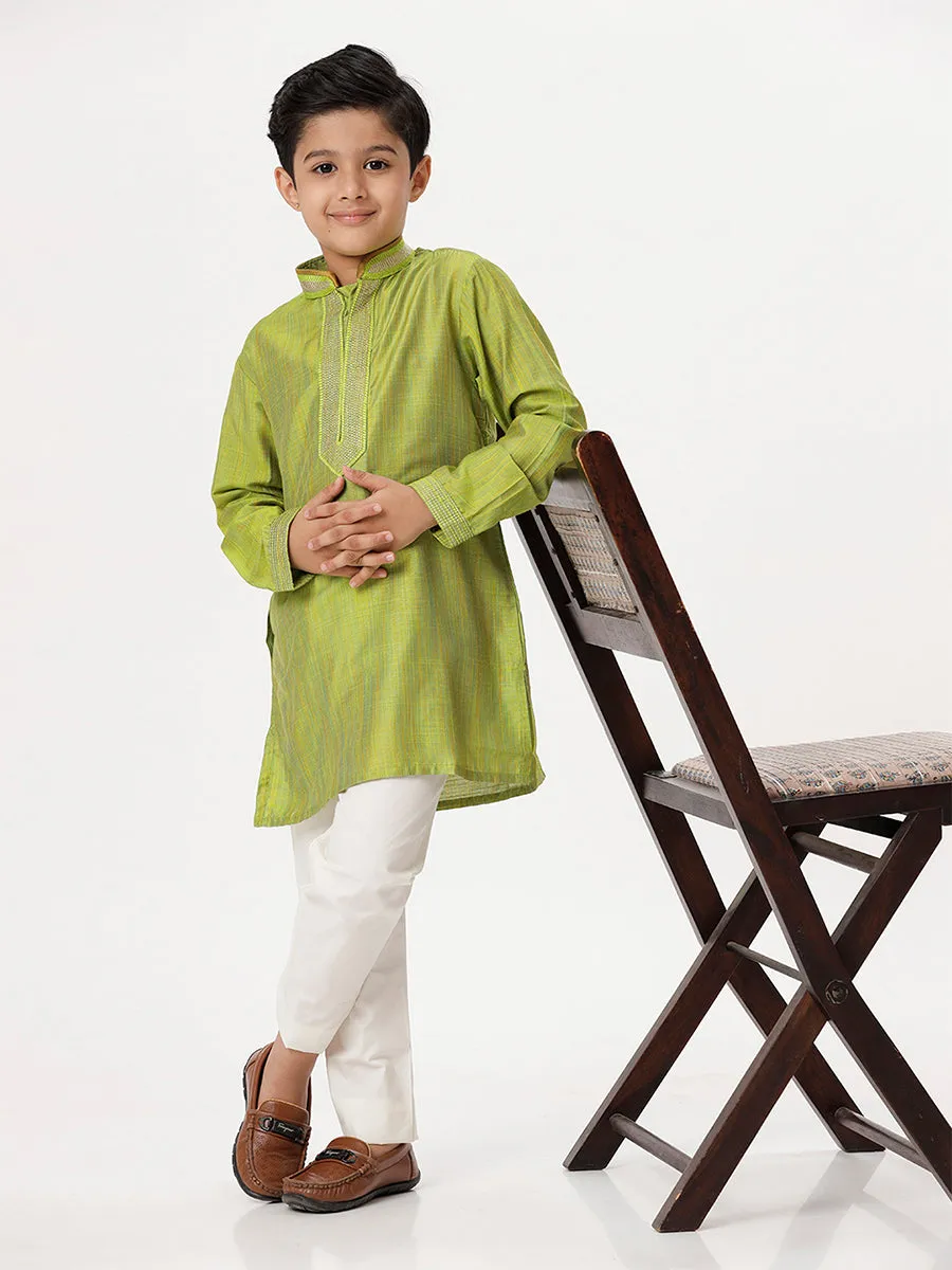 Boys Cotton Embellished Neckline Full Sleeves Parrot Green Kurta