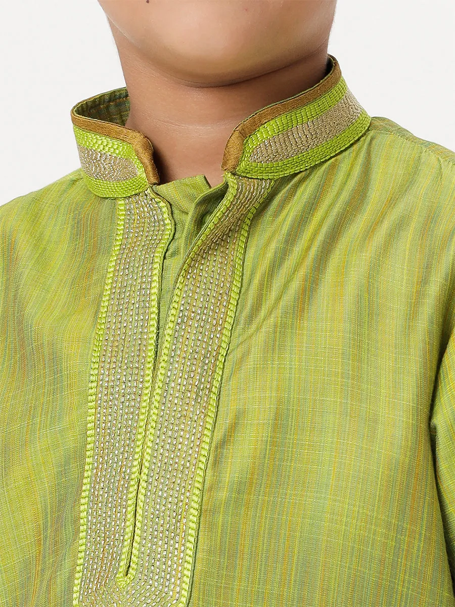 Boys Cotton Embellished Neckline Full Sleeves Parrot Green Kurta