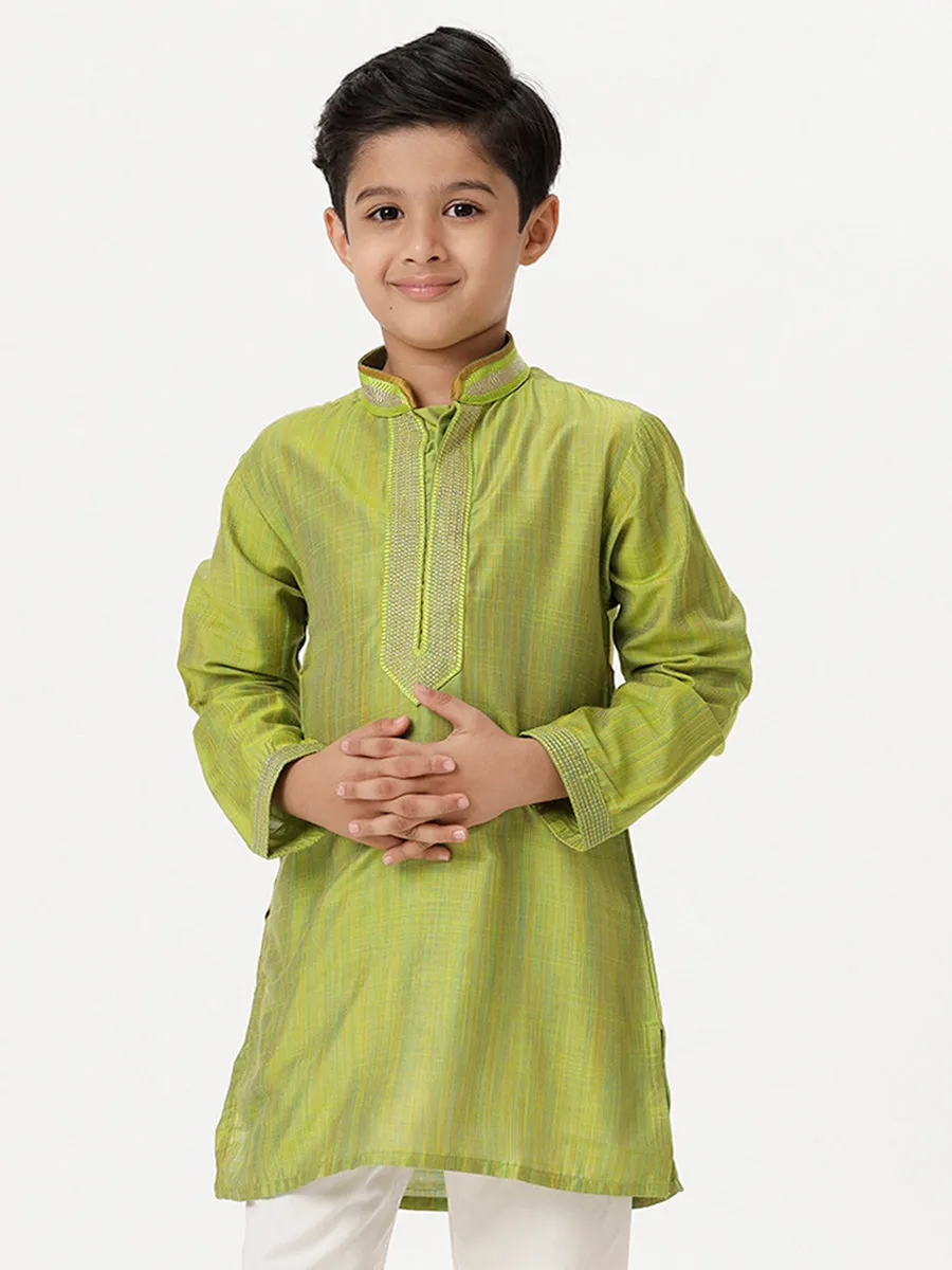 Boys Cotton Embellished Neckline Full Sleeves Parrot Green Kurta