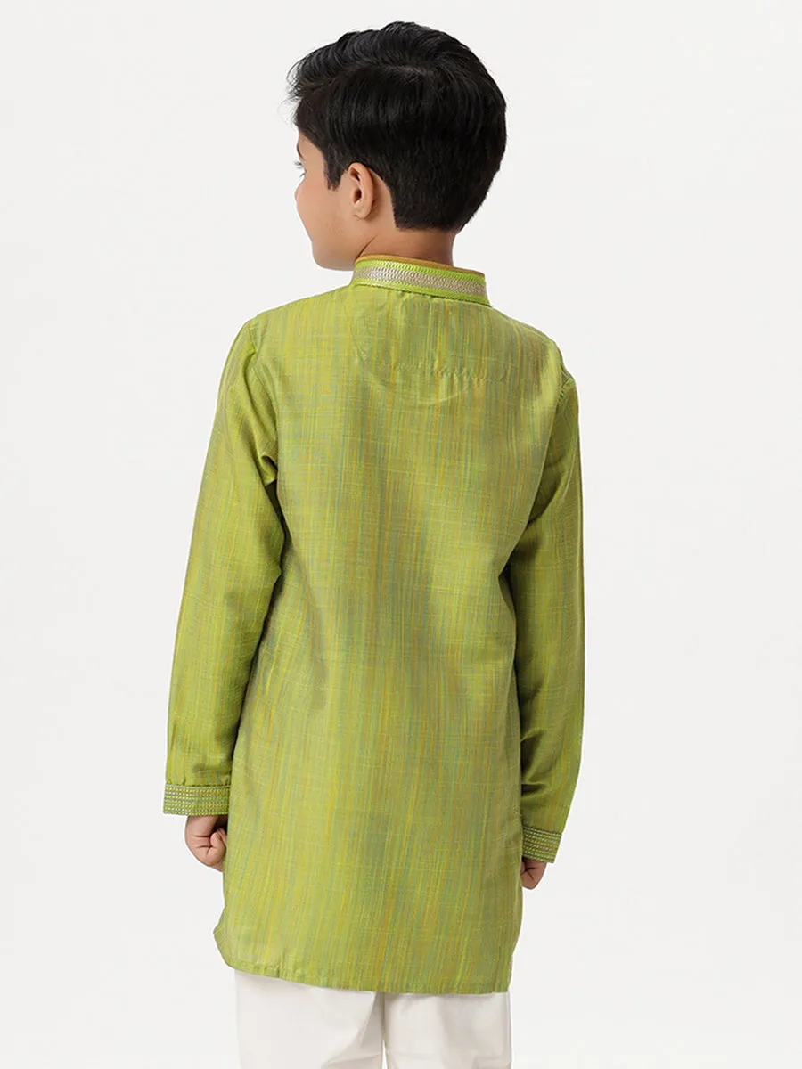 Boys Cotton Embellished Neckline Full Sleeves Parrot Green Kurta