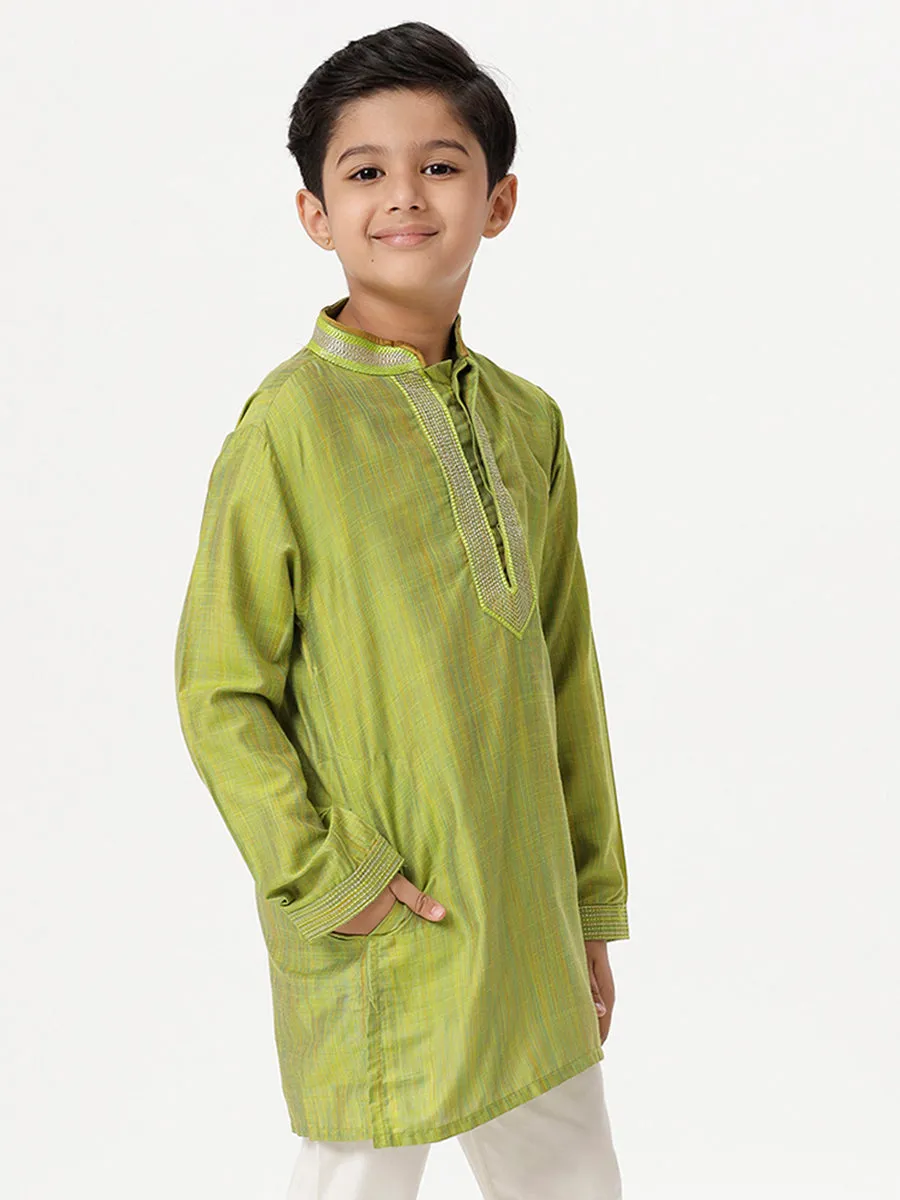 Boys Cotton Embellished Neckline Full Sleeves Parrot Green Kurta