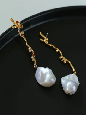 Branch Baroque Pearl Long Drop Earrings-With Diamond