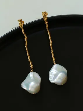 Branch Baroque Pearl Long Drop Earrings-Without Diamond