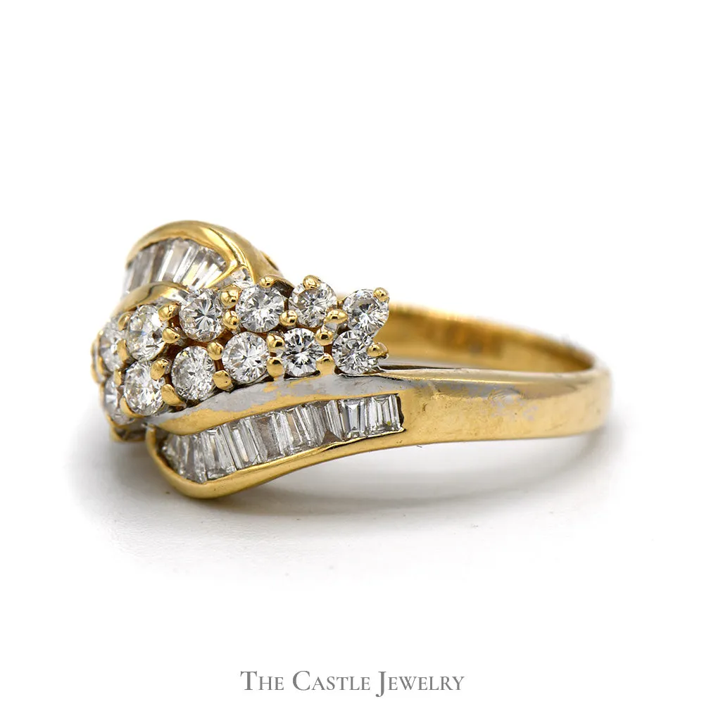 Bypass Designed 1cttw Round and Baguette Diamond Cluster Ring in 14k Yellow Gold