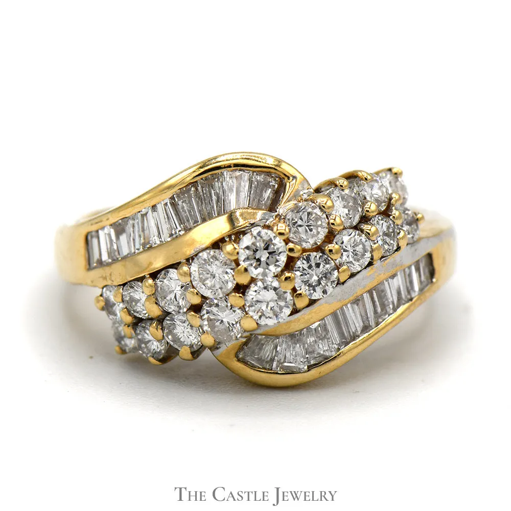 Bypass Designed 1cttw Round and Baguette Diamond Cluster Ring in 14k Yellow Gold