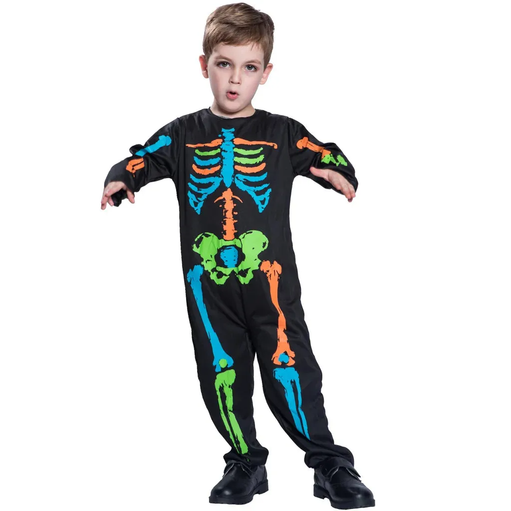 Colorful  Rainbow Skeleton Girl Dress Funky Punky Kid Costume