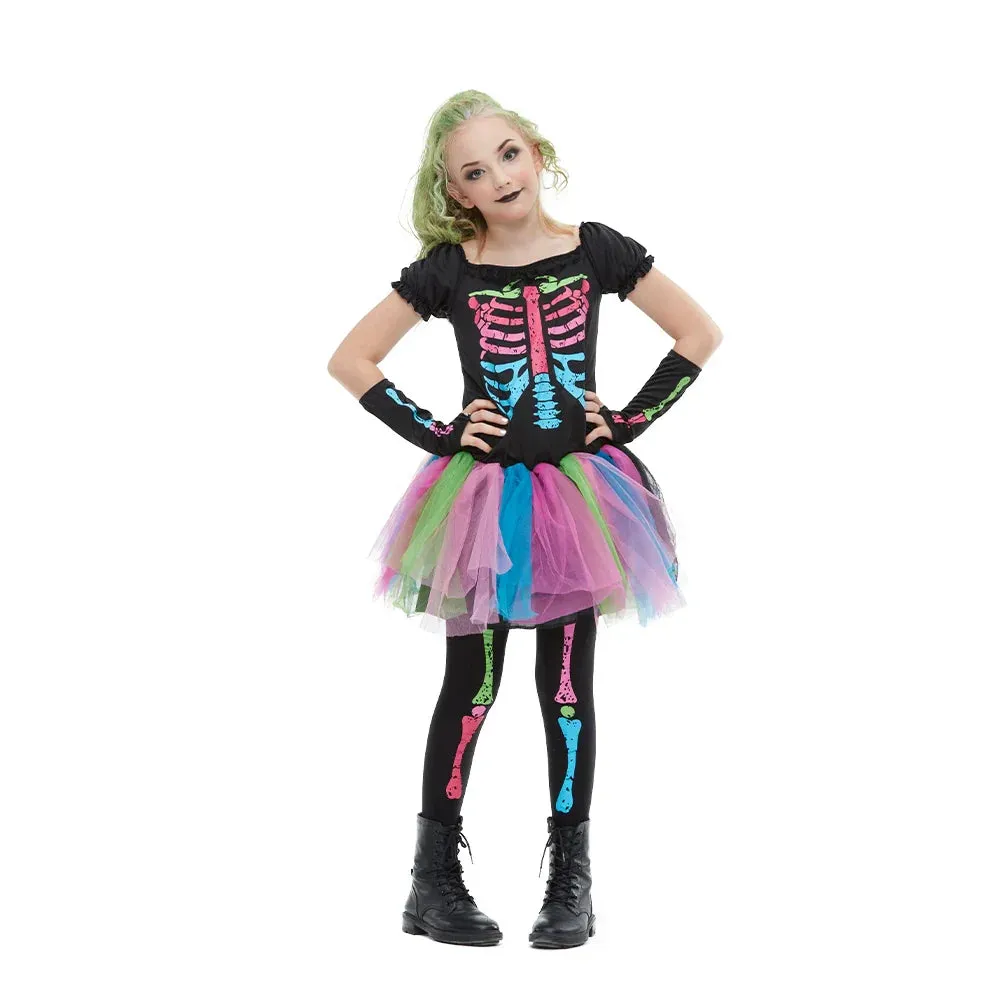 Colorful  Rainbow Skeleton Girl Dress Funky Punky Kid Costume