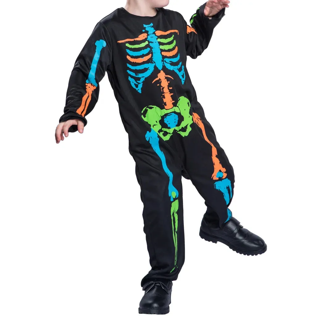 Colorful  Rainbow Skeleton Girl Dress Funky Punky Kid Costume