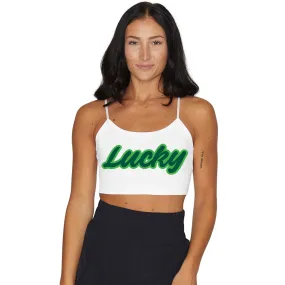 Cursive Lucky White Spaghetti Strap Crop Top