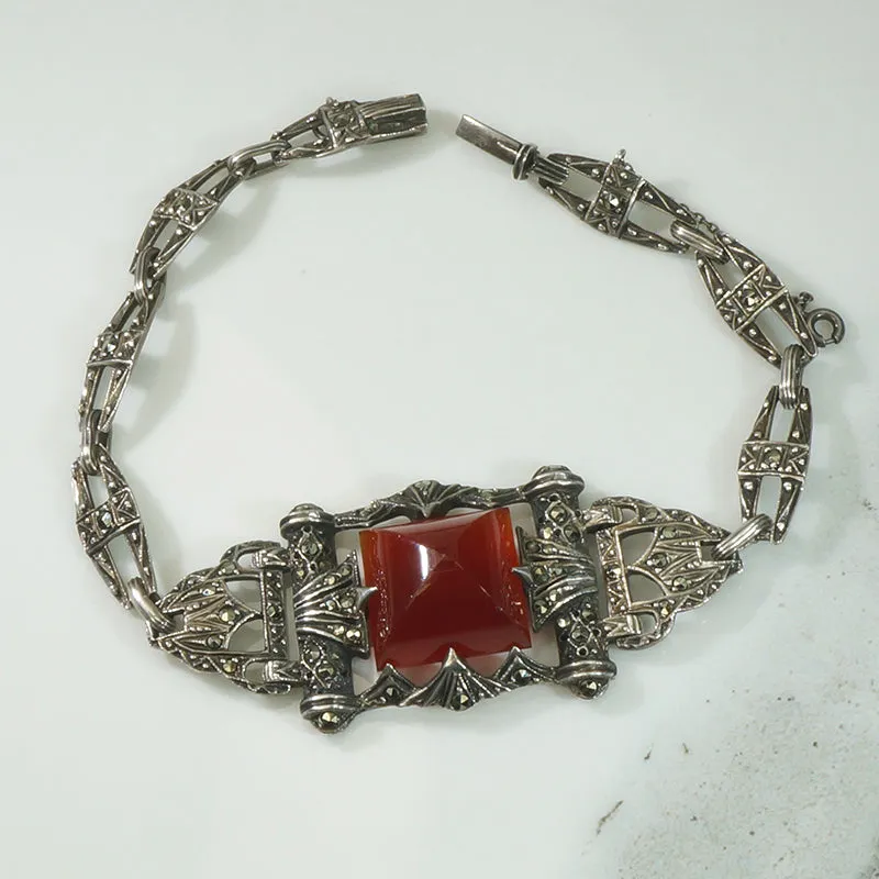 Dark Sparkle Marcasite Carnelian German Sterling Bracelet