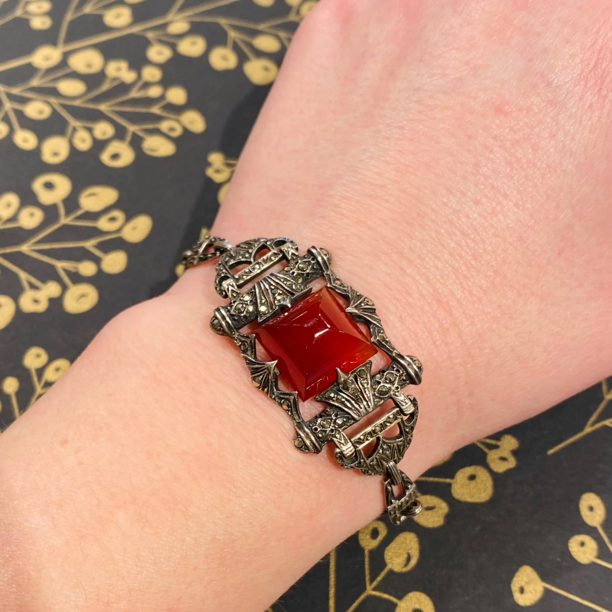 Dark Sparkle Marcasite Carnelian German Sterling Bracelet