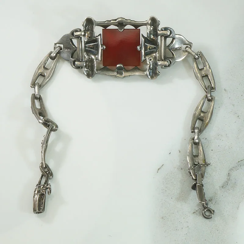 Dark Sparkle Marcasite Carnelian German Sterling Bracelet