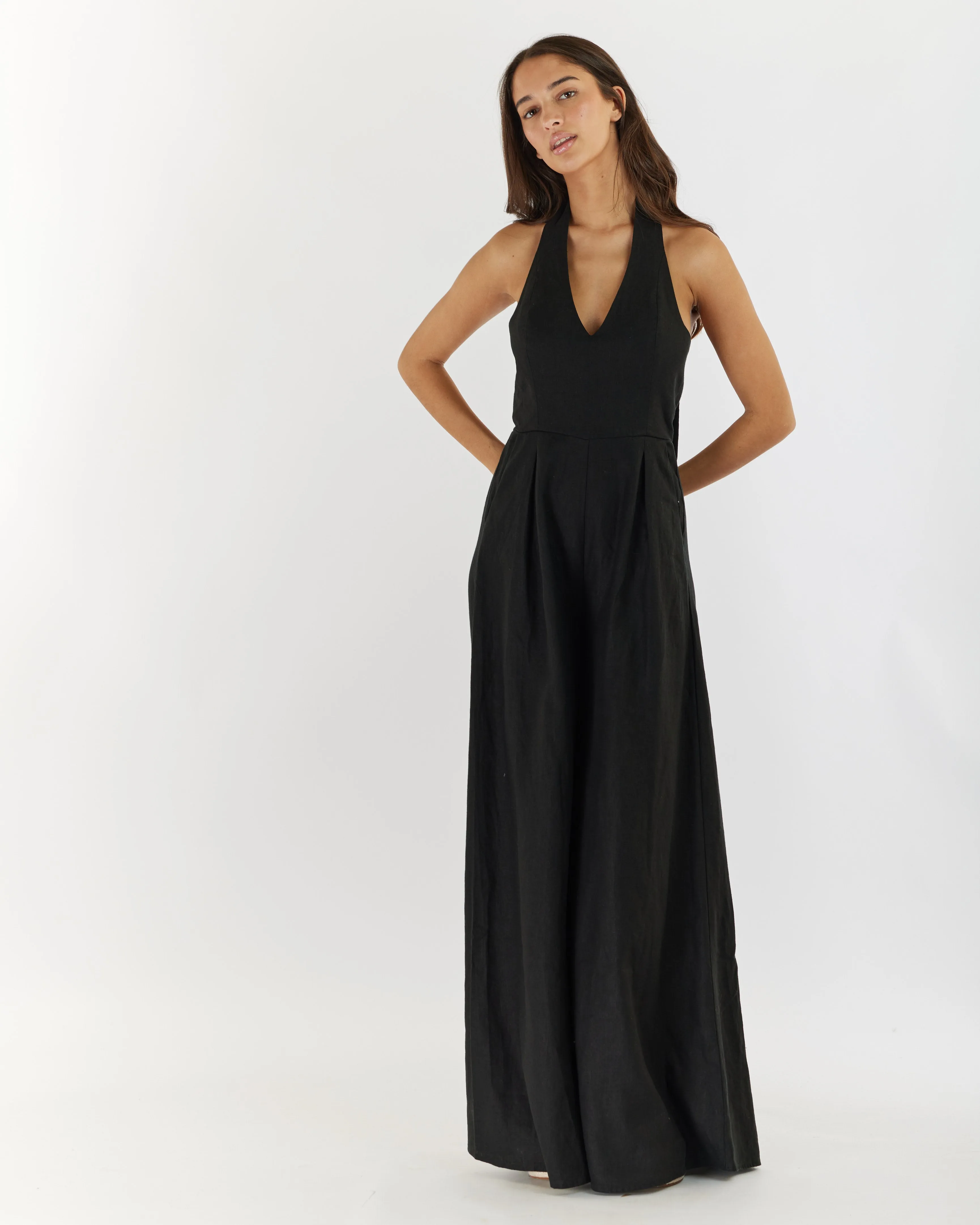 Eloise Linen Halter Jumpsuit - Black