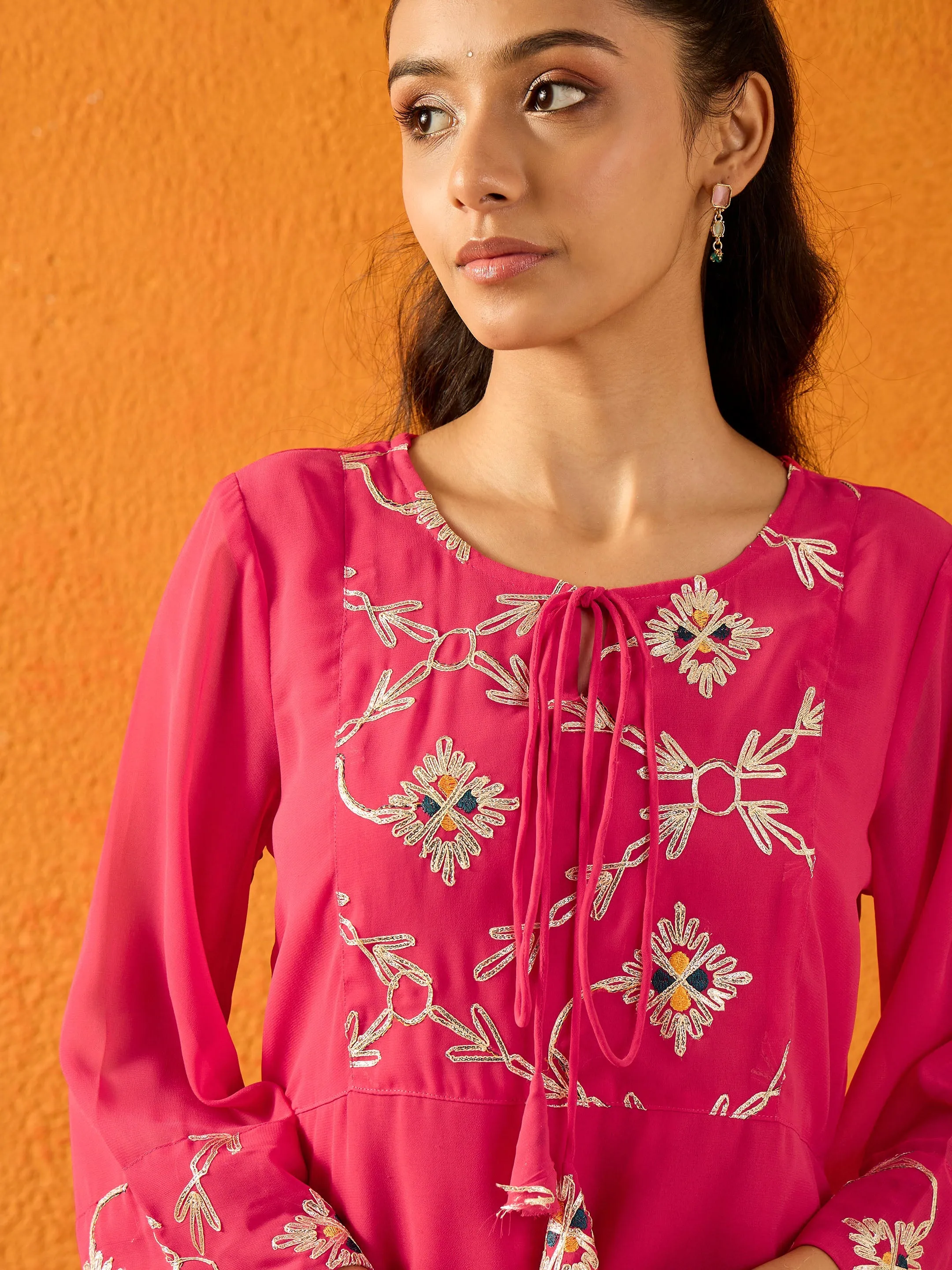 Girls Fuchsia Gota Embroidered Top With Palazzos