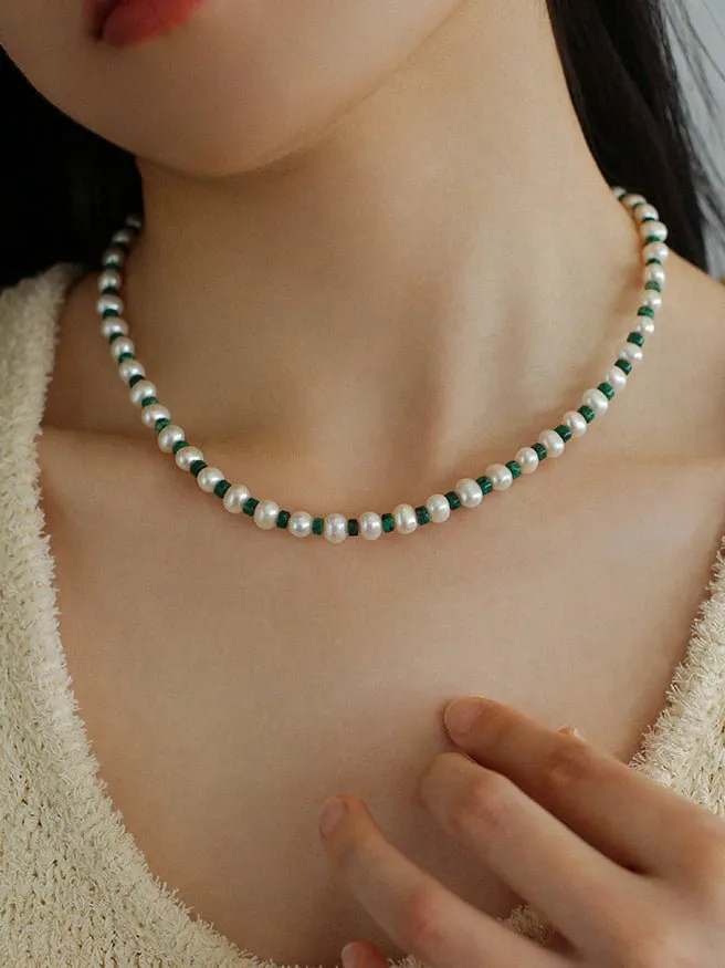 Handmade Green Natural Stone Beaded Pearl Necklace