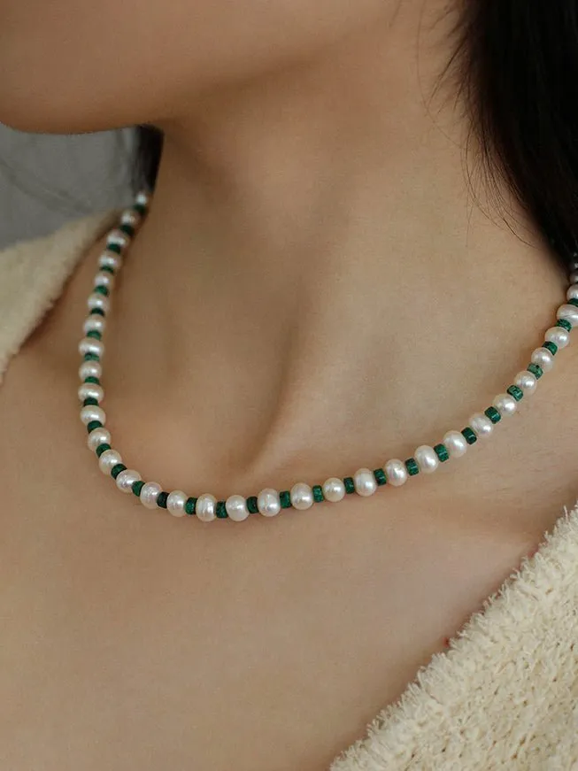 Handmade Green Natural Stone Beaded Pearl Necklace