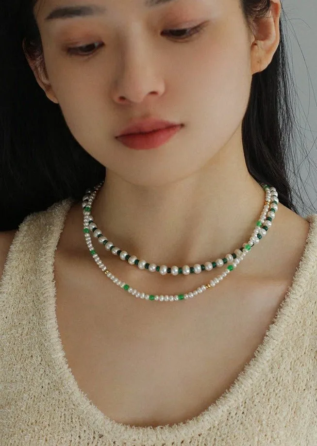 Handmade Green Natural Stone Beaded Pearl Necklace