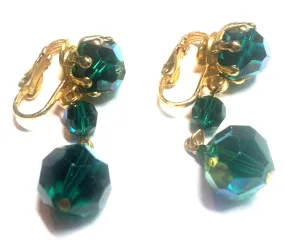 Iridescent Green Glass Beaded Dangle Earrings circa 1960s