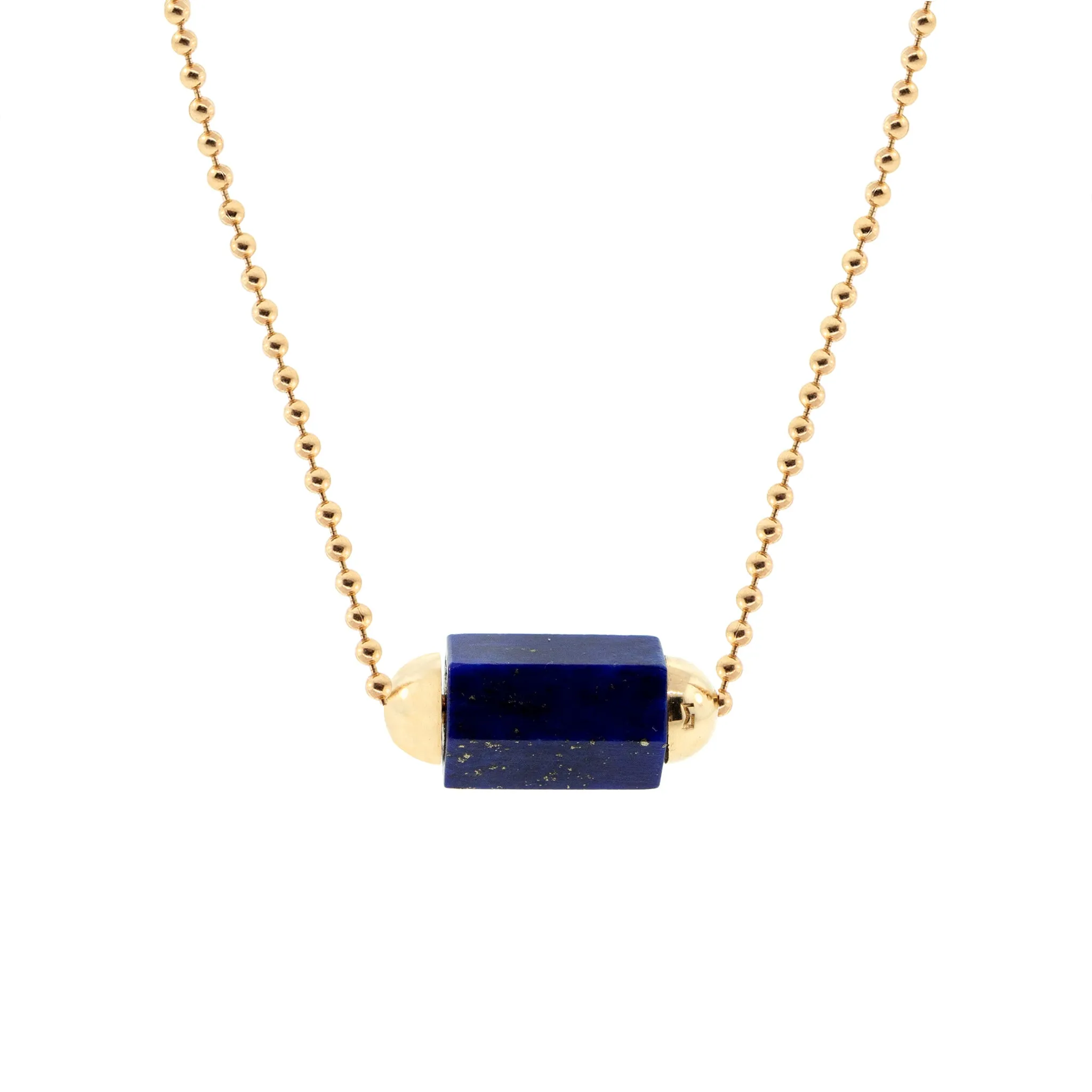 Lapis Hexagon Gemstone Bead On A Gold Ball Chain Necklace