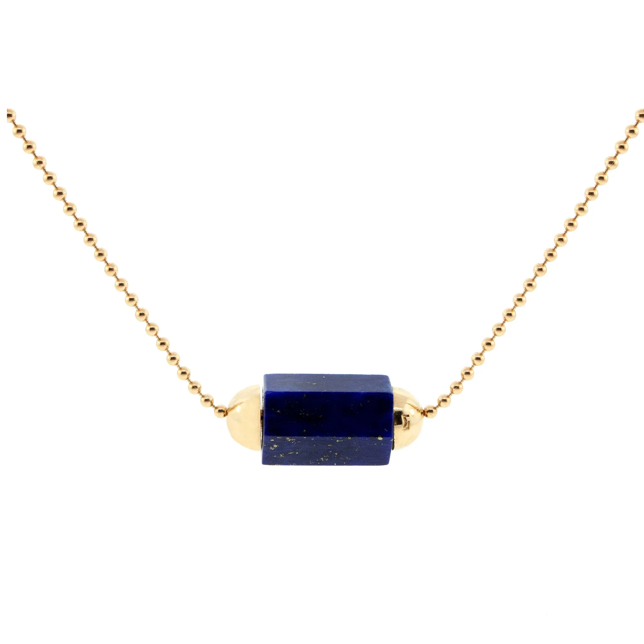 Lapis Hexagon Gemstone Bead On A Gold Ball Chain Necklace