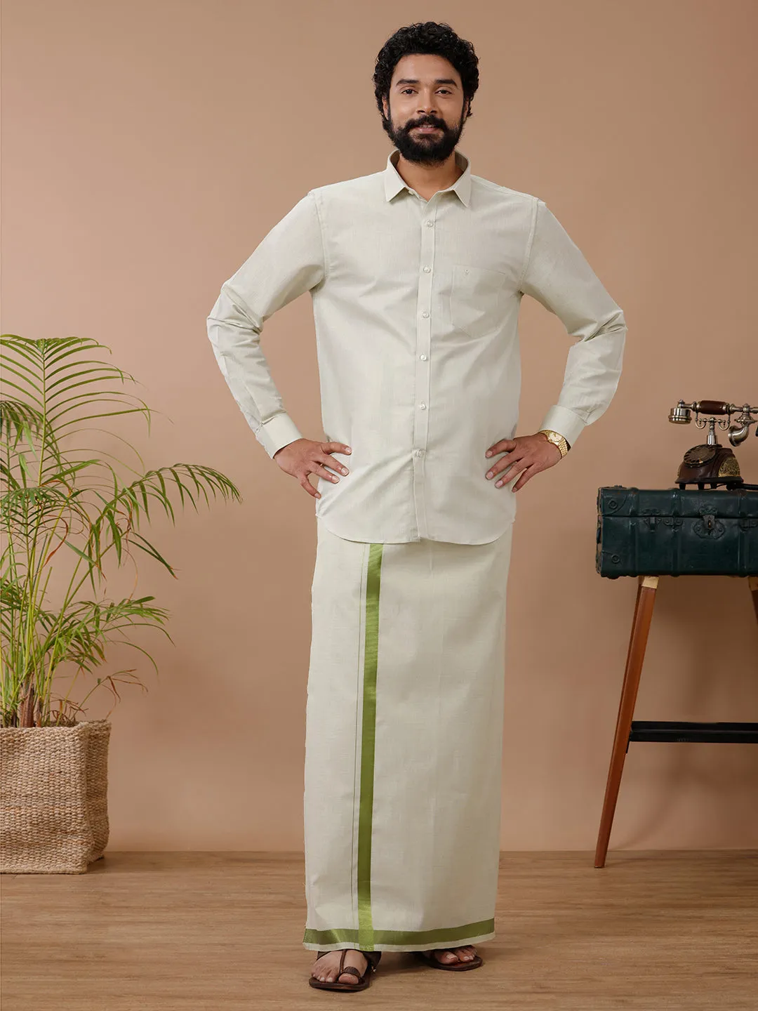 Like Father Like Son Tissue Dhoti & Shirt Combo Set Green