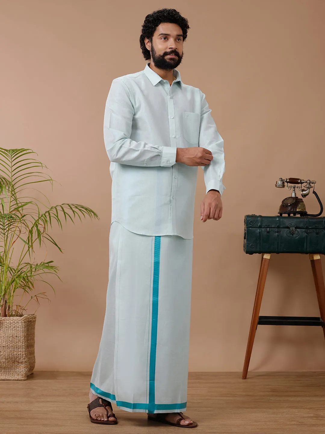 Like Father Like Son Tissue Dhoti & Shirt Combo Set Ramar Green