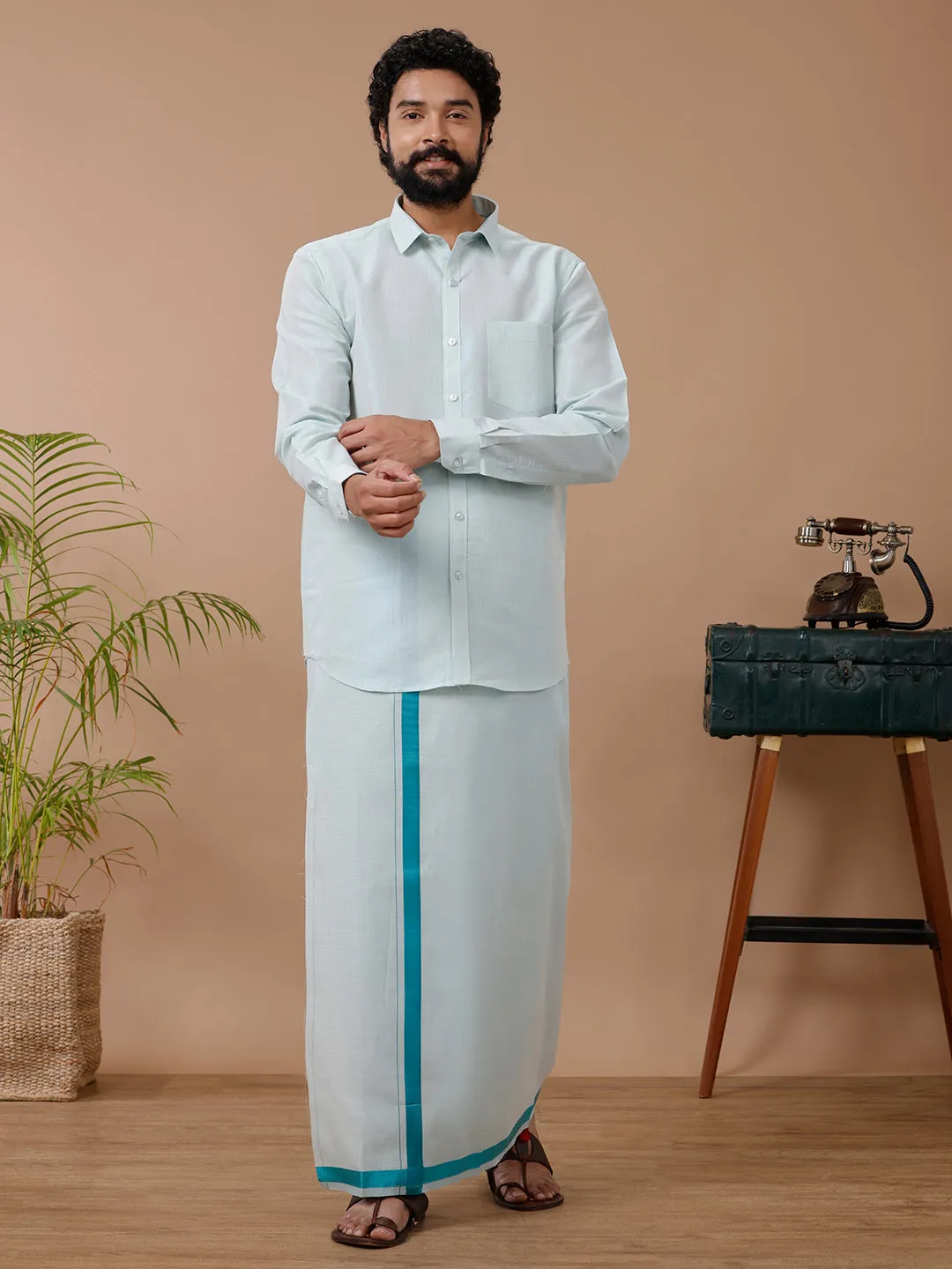 Like Father Like Son Tissue Dhoti & Shirt Combo Set Ramar Green