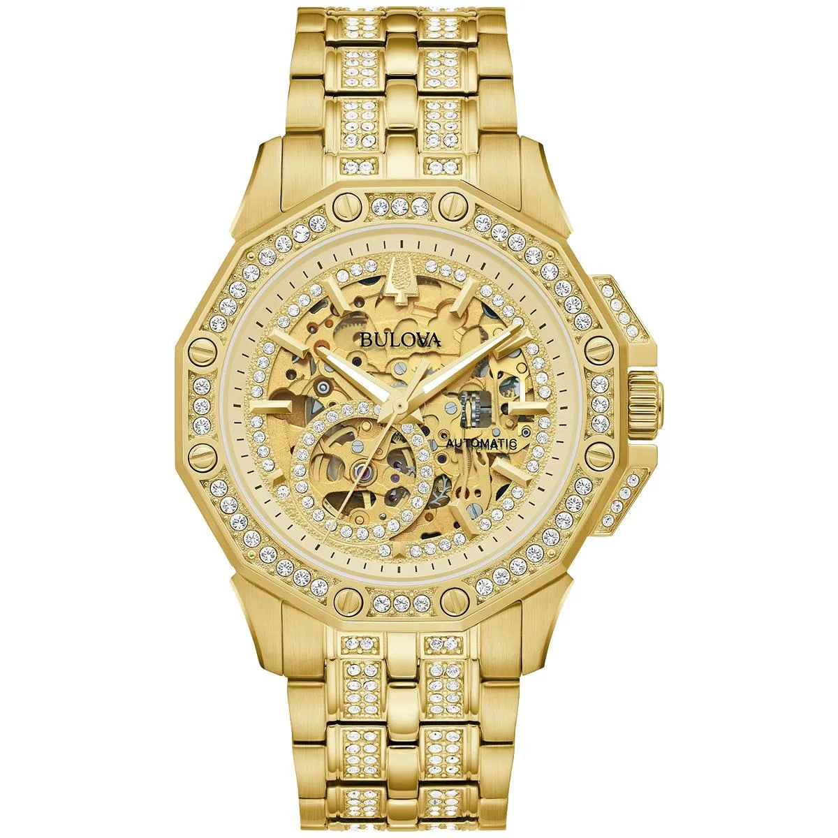 MEN'S GOLD-TONE STEEL BULOVA OCTAVA WATCH WITH CRYSTALS AND SKELETON DIAL