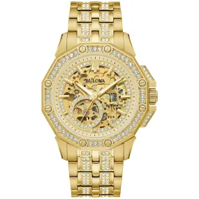 MEN'S GOLD-TONE STEEL BULOVA OCTAVA WATCH WITH CRYSTALS AND SKELETON DIAL