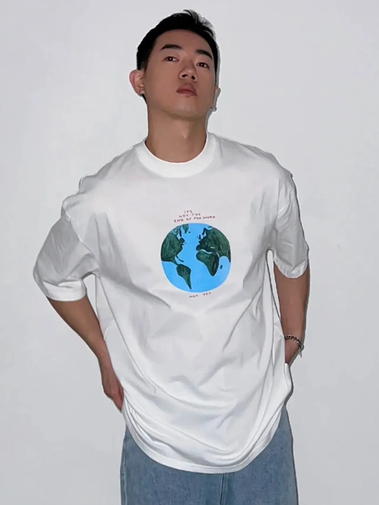 Men's White T-shirt with Earth Print