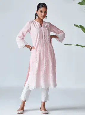 Mulmul Cotton Ellen Pink Kurta With Mulmul Cotton Slit White Pant