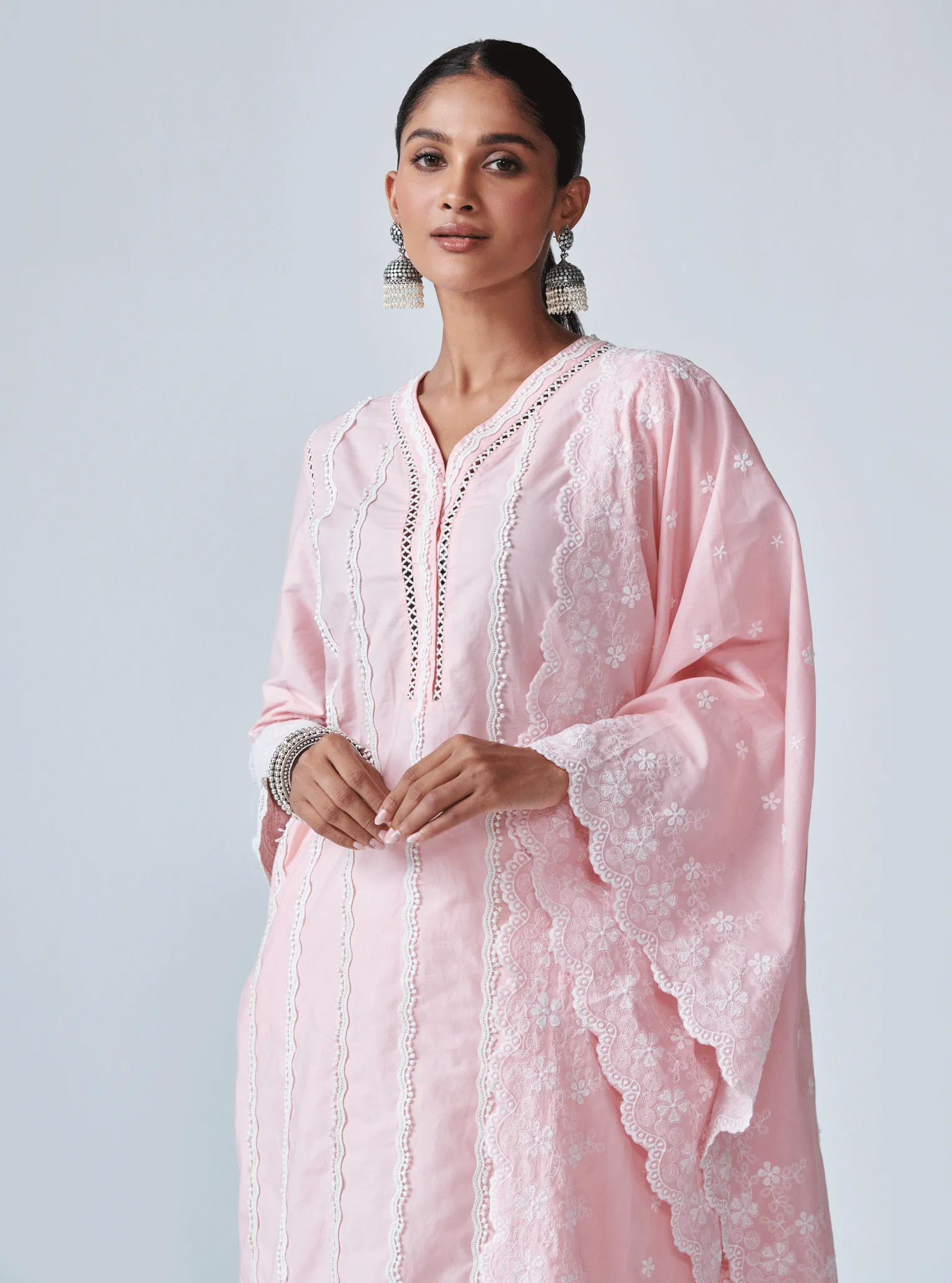 Mulmul Cotton Ellen Pink Kurta With Mulmul Cotton Slit White Pant