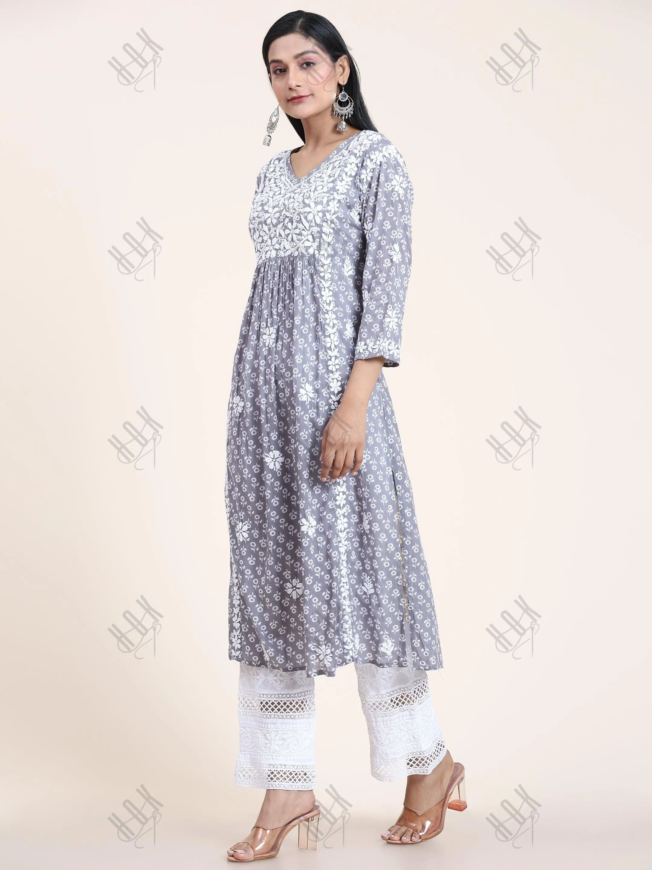 Noor Mul Printed Hand Embroidery Chikankari Kurta- Grey