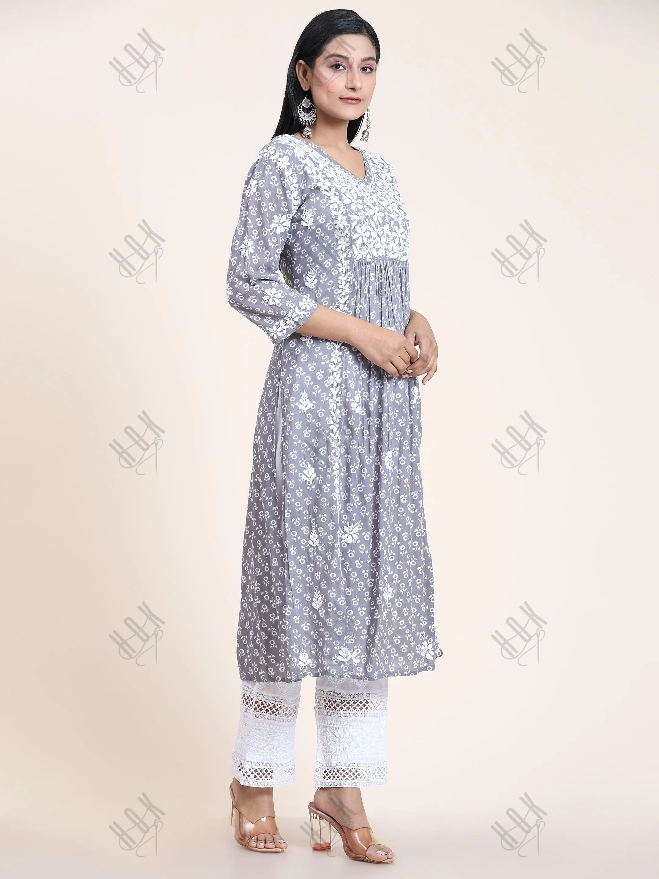 Noor Mul Printed Hand Embroidery Chikankari Kurta- Grey