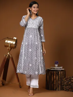 Noor Mul Printed Hand Embroidery Chikankari Kurta- Grey