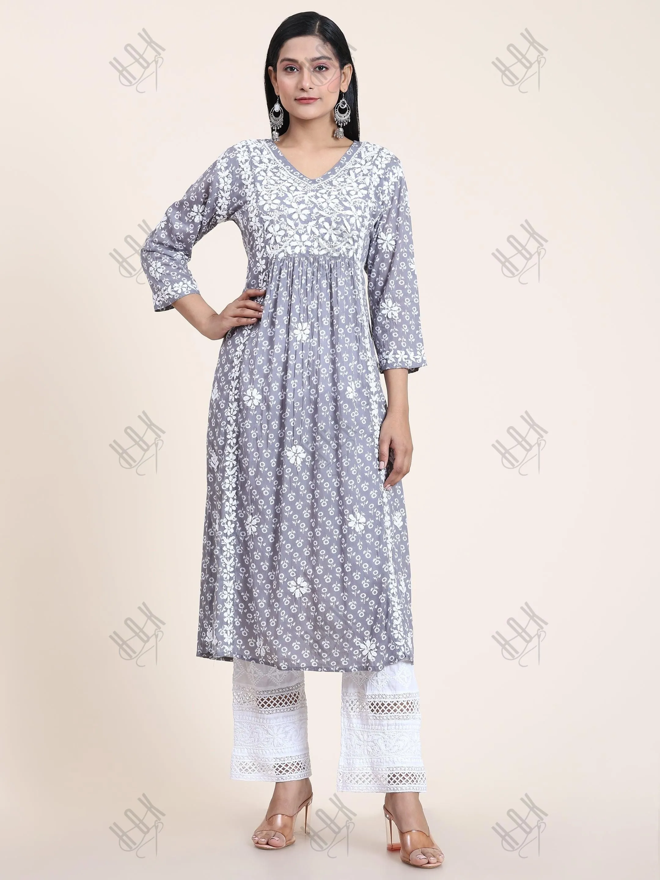 Noor Mul Printed Hand Embroidery Chikankari Kurta- Grey