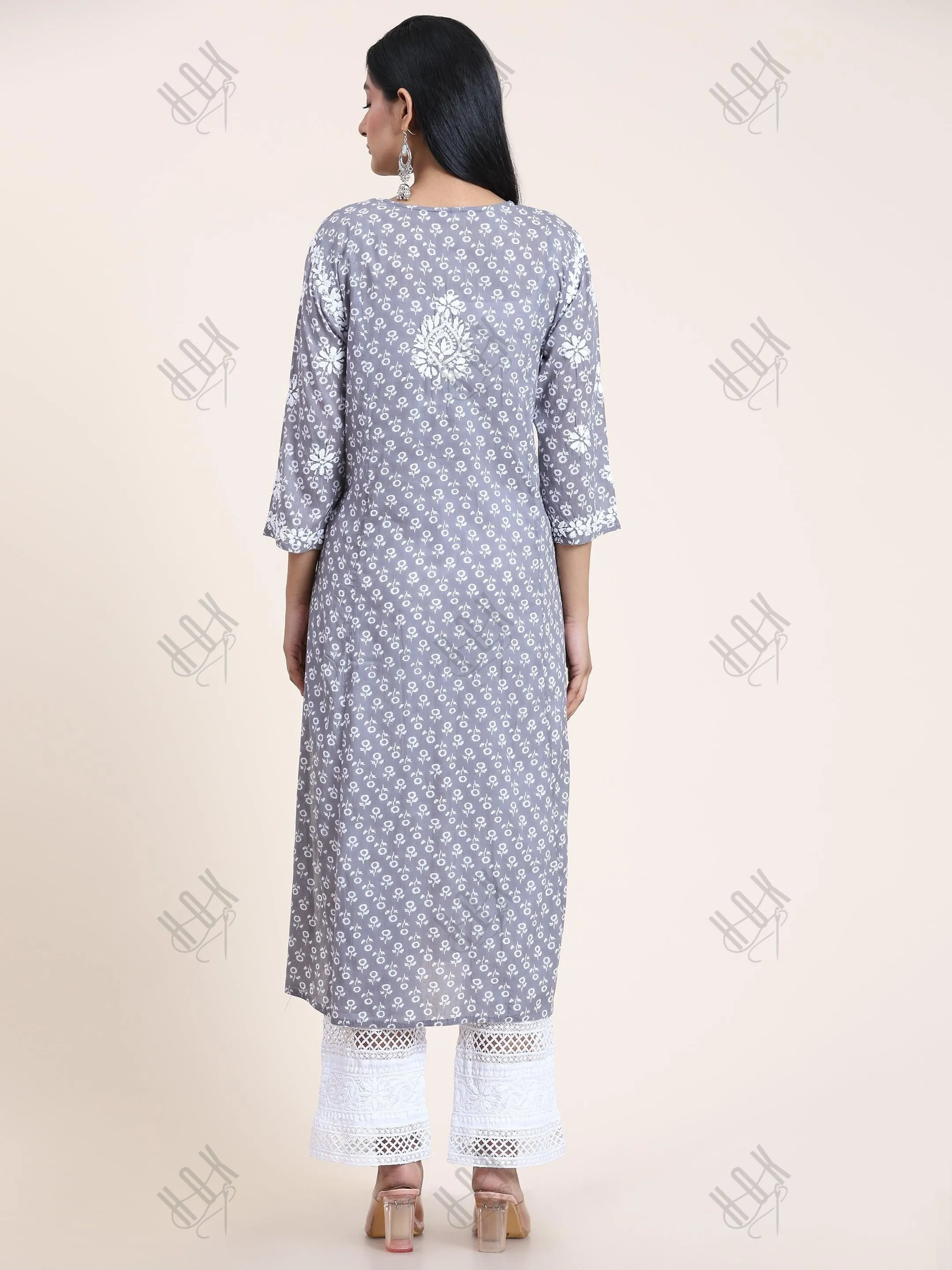 Noor Mul Printed Hand Embroidery Chikankari Kurta- Grey