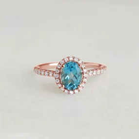 Oval Swiss Blue Topaz Halo Ring Rose Gold - Suna