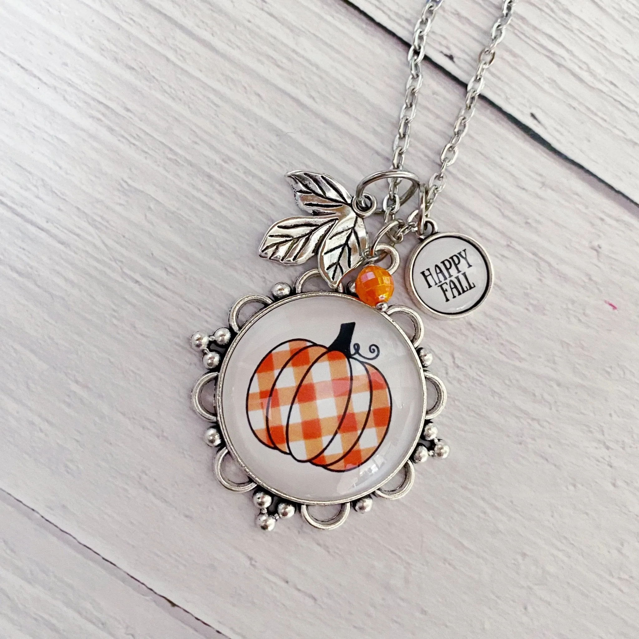 Plaid Pumpkin Necklace Happy Fall Charm